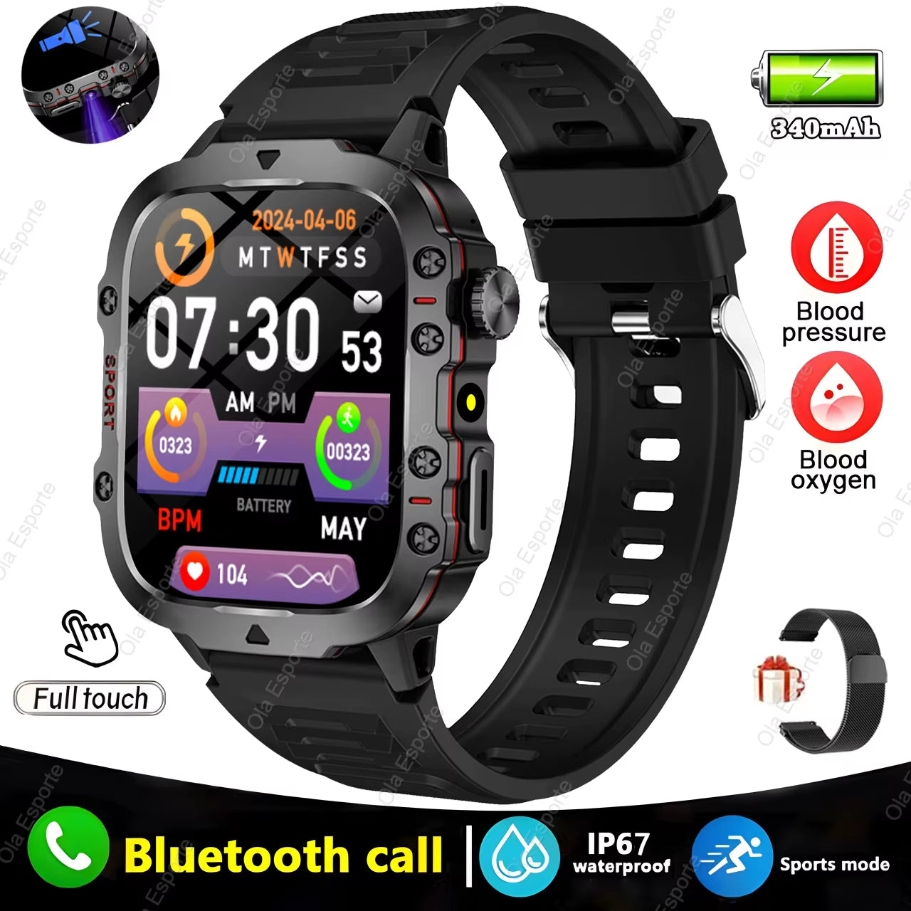 2025 New Men's Smartwatch - IP68 Waterproof Fitness Tracker with Bluetooth Call & Flashlight for Android & iOS