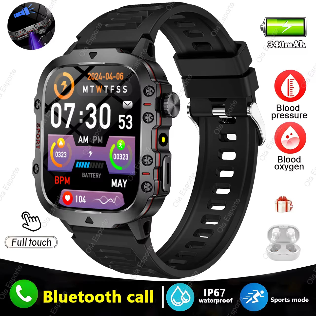 2025 New Men's Smartwatch - IP68 Waterproof Fitness Tracker with Bluetooth Call & Flashlight for Android & iOS